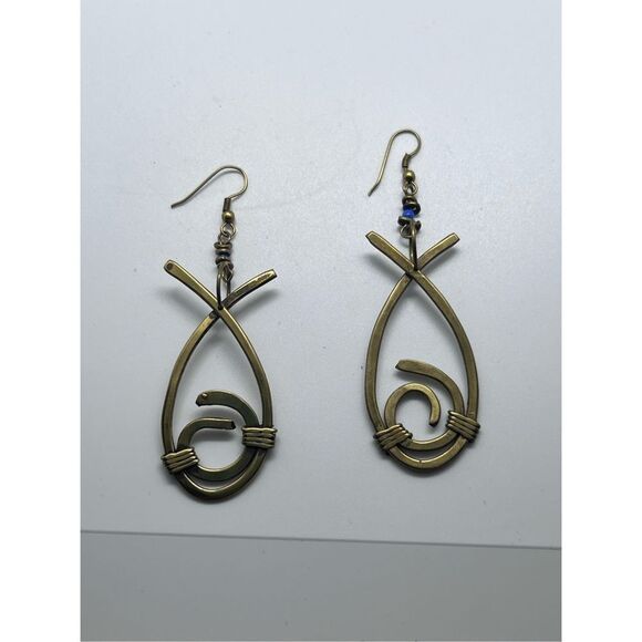 New Vintage Artisan Made Brass Open Fish Dangle French Hook Earrings - Picture 1 of 6